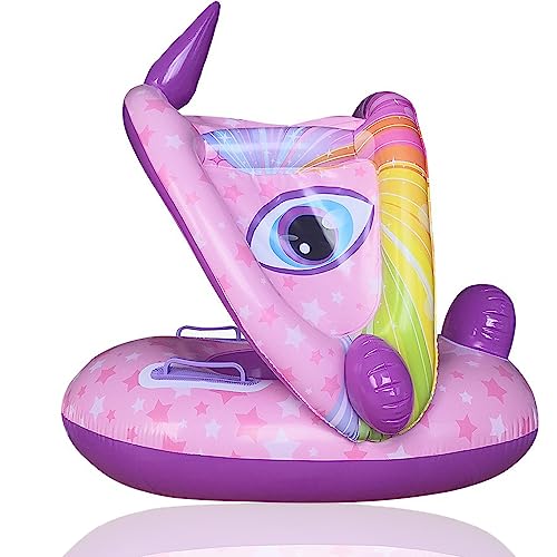 Image of Arcimatto Baby Swimming Pool Floats with Removable Sun Protection Canopy, Cute Inflatable Raft with Seat and Handle, No Flip Over Kids Infants Boat Swim Ring for Toddlers 4-48 Months