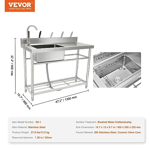 VEVOR Stainless Steel Utility Sink, Free Standing Single Bowl Commercial Kitchen Sink Set w/Workbench, 47 x 19.7 x 37.4 in Commercial Single Bowl Sinks for Garage, Restaurant, Laundry, NSF Certified - Thumbnail 7