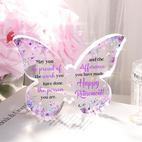 Image of Gifzy Unique Retirement Gift for Woman Men, 5x5x0.5 Inch Purple Butterfly Acrylic Plaque Decor with Warm Words, Best Retirement Gifts for Coworker Teacher Friend Nurse Boss
