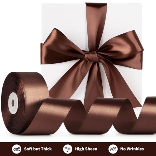 Image of Mauproy 1-1 /2 Inch Wide Brown Satin Ribbon, 50 Yards Solid Polyester Fabric Ribbon for Roses Making, Gift Wrapping, Flower Bouquets, Wedding Decorations, Handmade Crafts