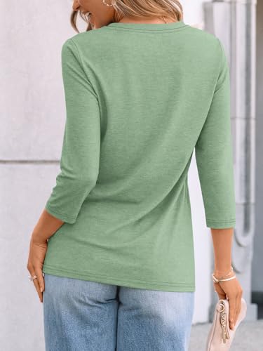 AUTOMET Women's 3/4 Length Sleeve Tops Crew Neck Casual Tunics Dressy Pleated T Shirts Summer Blouses 20254