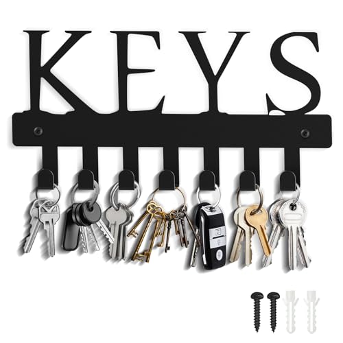 GeeRic Key Holder With 7 Hooks for Wall - Adhesive Hangers for Living Room, Kitchen, Office Décor - White