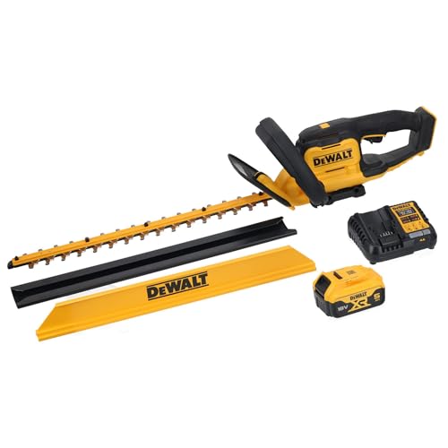 DEWALT 18V XR Akku-Heckenschere (55 cm Schwertlänge, 25 cm Schnittbreite, mit 2-Hand-Sicherungsschaltung & Messerschnell-Stopp, großer Handschutz, inkl. 5Ah Akku & Ladegerät), DCMHT564P1-QW
