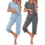 Marvmys Woman Pajama Set Short Sleeve Top Pajamas Capri Pants Pjss Classic Sleepwear with Drawstring Star Print&Grey S