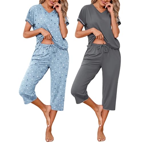 Marvmys Womens 2 Pack Pajama Sets Short Sleeve Pajamas Tops and Capri Pants Pjs Print Lounge Sets with Pockets S-3XL Medium Star Print, Grey