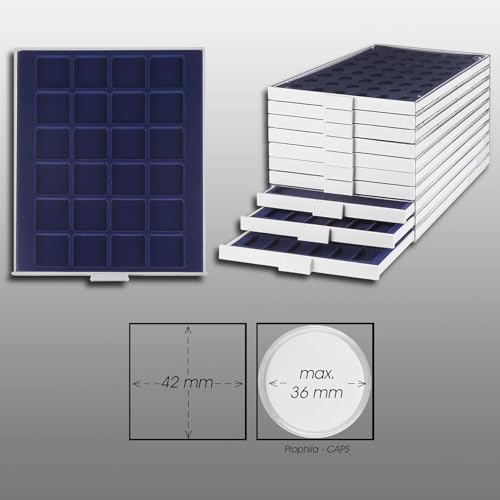 Prophila Coin Box Gray 24 Angular compartments for Coins up to 42 mm, Blue Insert