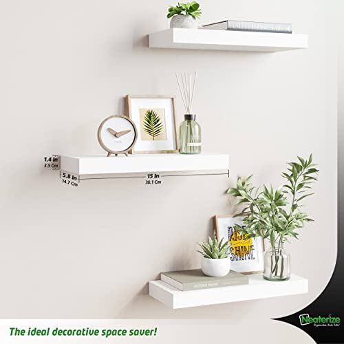 Neaterize Floating Shelves Set Of 3 | Durable Wall Shelves With Invisible Bracket | Great Shelf For Bathroom, Bedrooms, Kitchen, Office And Living Room Décor. (White - Small) #TOP2