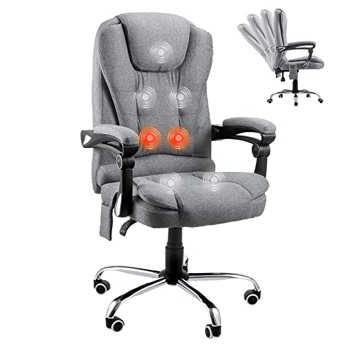 YODOLLA Ergonomic Reclining Office Chair with 7 Massage Points and Heat Function, Executive Home Desk Chair, High Back Swivel Computer Chair, Grey Linen Fabric