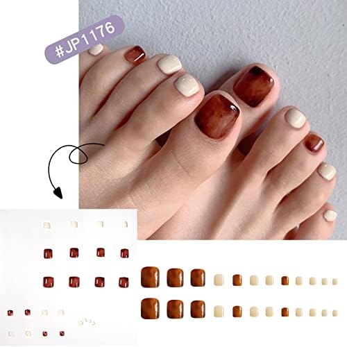 French Fake Toenails, 24 Pieces Glitter Pink Fake Toenails Fake Nails On Toenails, Press Toenail Tips (Amber)