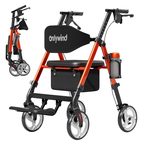 Lightweight Rollator Walker Wheelchair Combo-No Assembly Required 19LB Rollator Walkers for Seniors with Seat Footrest Widened Backrest Foldable Rolling Walkers with Storage Basket & Cup Holder
