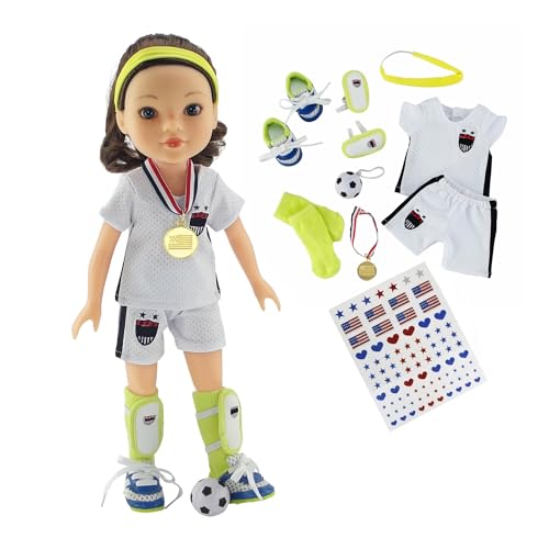 Emily Rose 14 Inch Doll Soccer Uniform 9-PC Set | Doll Clothes Sports Outfit with Socks Shin Guards Cleats Ball Headband Medal & Patriotic Face Stickers | Fits American Girl Dolls | No Doll Emily Rose 14 Inch Doll Soccer Uniform 9-PC Set | Doll Clothes Sports Outfit with Socks Shin Guards Cleats Ball Headband Medal & Patriotic Face Stickers | Fits American Girl Dolls | No Doll