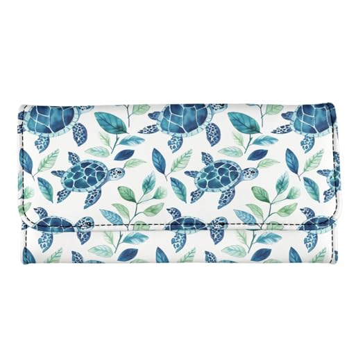 Image of AFPANQZ Womens Wallets, Leather Trifold Multi Card Holder Slots Wallet, Turtle Leaf Print Elegant Clutch Phone Holder Zip Inner Pocket Multi-Cards Slots Large Travel Wallet