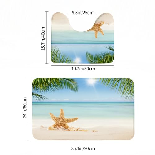 EYLOZS Badezimmerteppich Set 2 Teilig Waschbar rutschfeste Badematte Toilettenmatte Weich Saugfähige Badteppiche,Ozean, Grafik eines sommerlichen Sandstrandes mit majestätischen Seesternen auf tropis – Bild 3