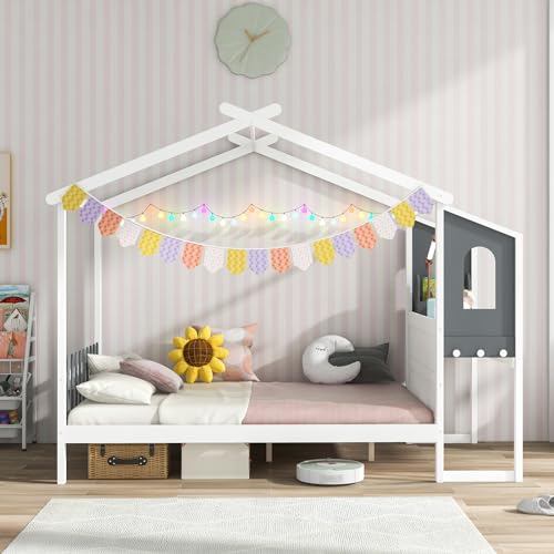 Komfottfullhousebedwithdeskwoodmontessoribedframewithhouseroofcanopy2drawersmodernplayhousebedwithfenceforkidsteensgirlsboysnoboxspringneededwhitegray  Urban Country Home Decor Komfott full house bed with desk wood montessori bed frame with house roof canopy 2 drawers modern playhouse bed with fence for kids teens girls boys no box spring needed white gray  urban country home decor