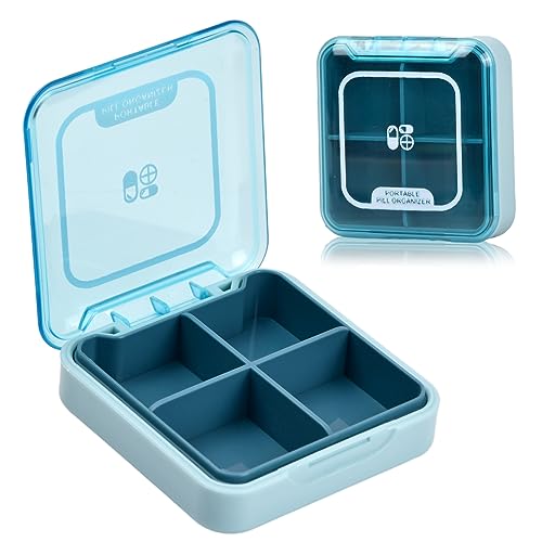 Wisebom Pastillero Caja Portátil Caja de Pastillas Viaje, Pastillero Semanal Pastillero de Bolsillo con 4 Compartimento, Pequeño Organizador Medicamentos Impermeable para Vitaminas Suplementos (Azul)