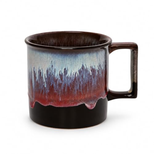 JMCRATE 14oz Ceramic Coffee Mug, Brown Blue Red Drip Flowing Glaze Stoneware Camping Tea Mug Gift