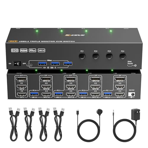 KVM Switch 3 Monitors 4 Computers 4K@60Hz,EDID Simulation,USB 3.0 HDMI Displayport KVM Switch Triple Monitor for 4 PC Share 3 Monitors and Keyboard Mouse Printer,with Wired Remote and 4 USB Cables