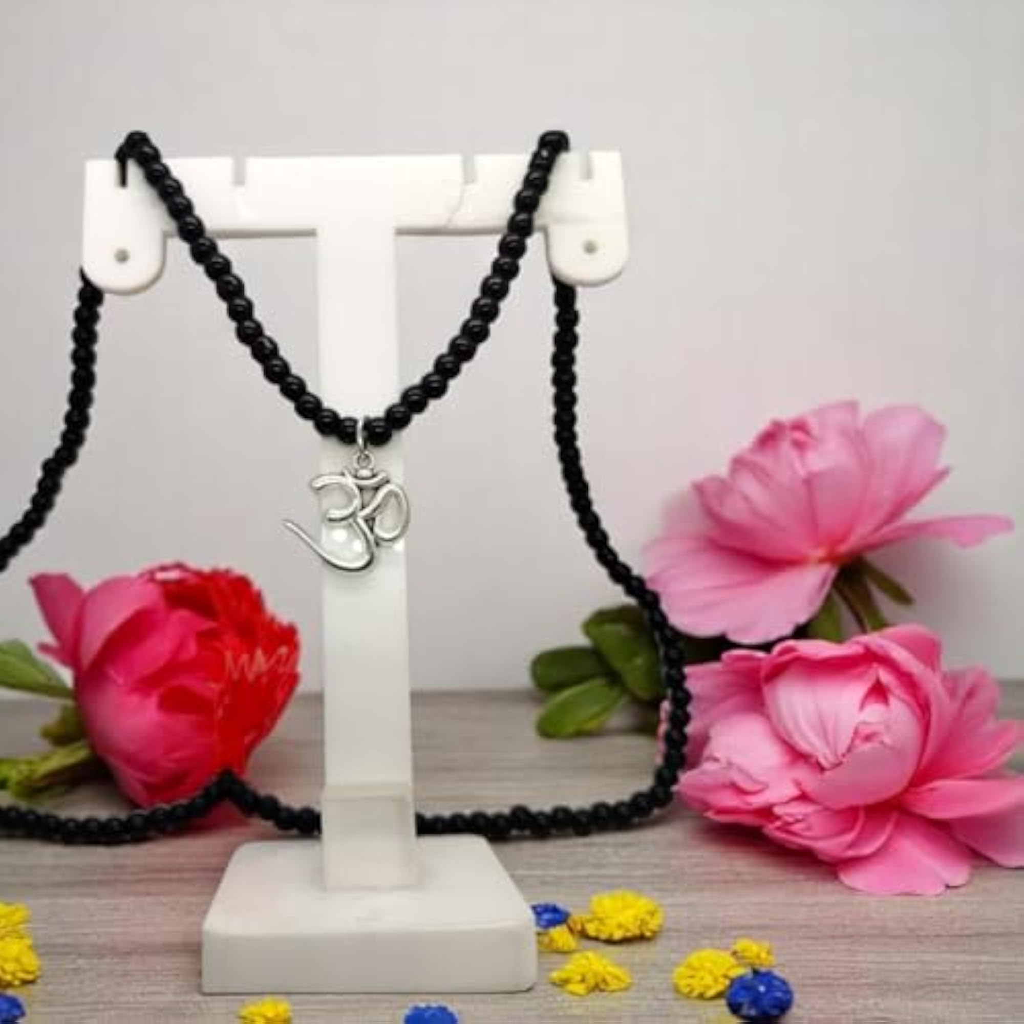 Om Locket Pendant with Black Moti Mala & Hand Beads Bracelet