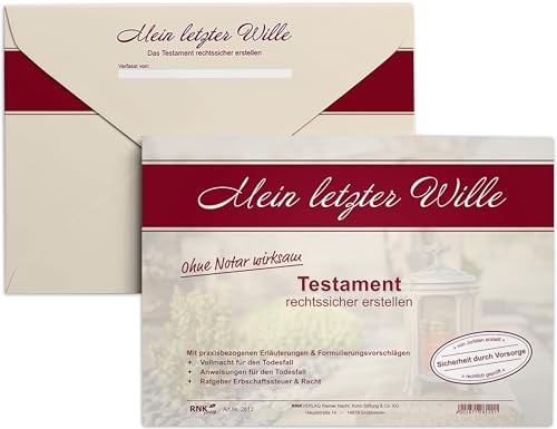 RNKVERLAG 2812 - Testament „Mein letzter Wille“ im Briefumschlag mit Schreibbogen, Vollmacht und Anweisungen, 1 Stück