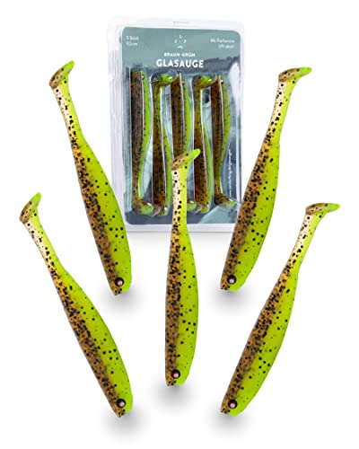 Zanderfang - Zander Gummifische - Kunstköder für Zander und Barsch - Gummiköder mit Fischaroma aromatisiert - UV-Aktivität - 5er-Set - Braun-Grün