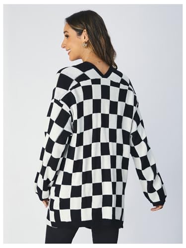 SOLY HUX Women's Long Sleeve Oversized Sweater Checkered Cardigan Open Front Outerwear Tops2