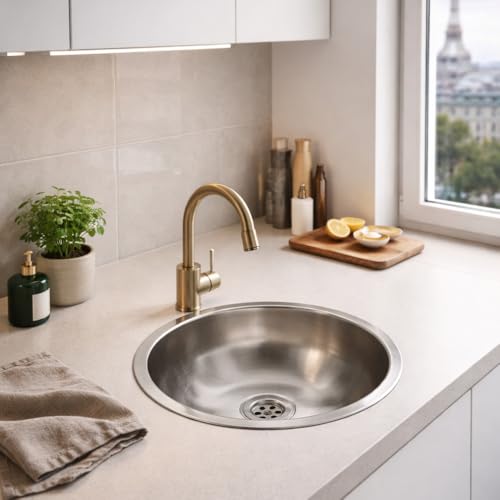 Évier Rond Inox Ø34 cm – Avec Siphon – Évier de Cuisine Sans Trou de Robinet – Évier Camping & Caravane