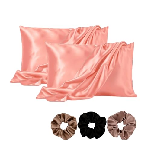 Image of Satin Pillow Covers Set of 2 - Soft & Smooth Pillowcases for Hair & Skin Care | Envelope Closure | Includes 3 Free Random Color Scrunchies | Frizz-Free Sleep Essentials (Coral)