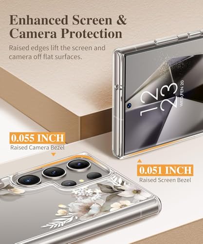 Image of Elzzi Clear Transparent Case for Samsung S24 Ultra Cover Shockproof Floral Design Full Camera Protection Shockproof PC+TPU Covers Transparent Flower Cover for Girls & Women 2024 6.8 inch (Grey)
