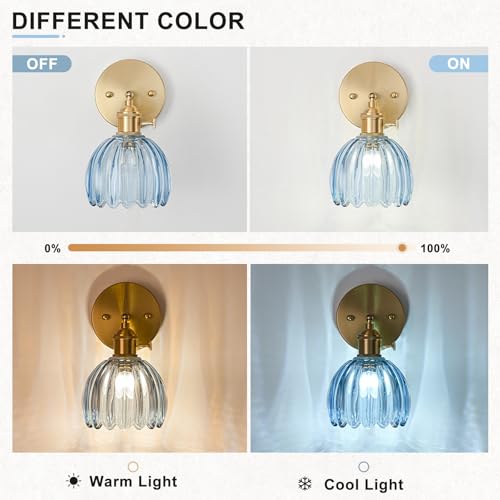 Image of Hardwired Wall Sconce Light, Vintage Wall Sconce with Switch, Gold Wall Light Fixture with Tulip Denim Blue Glass Lampshade, Indoor Wall Light for Bedroom Bathroom, Bedside Wall Lamp