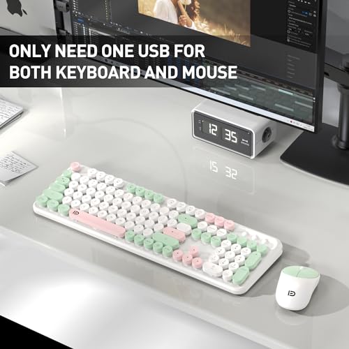 Image of Wireless Keyboards Mouse Combos, Colorful Cute Typewriter Full-Size Retro Round Creamy Keyboard, 2.4GHz Sleep Mode Office Wireless Keyboard and Mouse Set for Desktop Laptop PC Computer