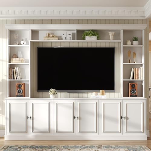 Merax 97.4" W 4-Piece Wall Unit Entertainment Center for TVs up to 70",Mid-Century TV Stand with Bookshelf,Adjustable Shelves & Cable Management,Media Console with Bridge for Living Room,White by Merax - Used condition - US$565.83