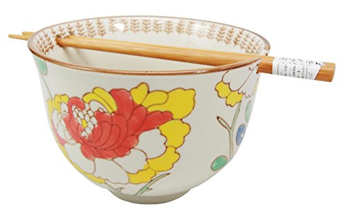 Ebros Japanese Design Ceramic Ramen Udong Noodles Bowl and Chopsticks Set for Asian Dining Soup Rice Gourmet Meal As Taste of Asia Collection of Bowls Decor Kitchen Decorative Spring Blossom