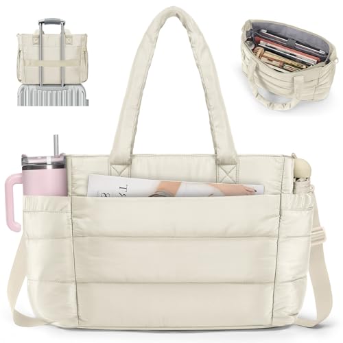 Puffer Tote Bag for Women 17in Quilted Laptop Bag Large Travel Weekender Bag with Travel Sleeve Lightweight Shoulder Bag for Work, Offwhite