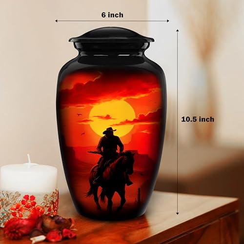 Image of Cremation Urns for Human Ashes Adult Male Female - Large Funeral Men Urn for Ashes, Western Decorative Burial Memorial Urn with Black Velvet Bag, Cowboy, 200 Cu in