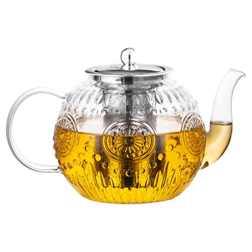 Amzcku 50OZ/1500ml Vintage Glass Teapot with Removable Infuser – Stovetop Safe, Borosilicate Glass Tea Kettle for Blooming & Loose Leaf Tea by Amzcku - Used condition - US$25.32