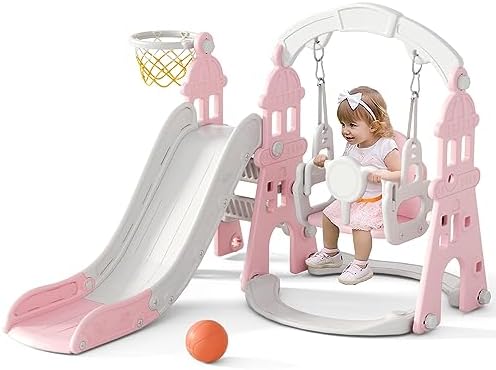 KORIMEFA 4-in-1 Toddler Slide and Swing Set, Indoor & Outdoor Playground