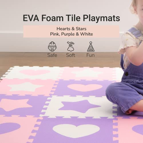 Tadpoles Foam Playmats For Kids, 16 Interlocking Foam Tiles, Total Floor Coverage 50” X 50” (16 Sq Ft), For Ages 3 And Up, Colors: Pink/Purple, Pattern: Hearts And Stars #TOP1