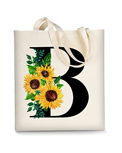 AUSVKAI Canvas Tote Bag Aesthetic for Women, Cute Sunflower Initial Trendy Monogram Personalized Initial Birthday Reusable Cloth Cotton Bags with Handle for Grocery College Shopping Beach