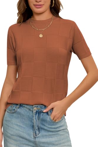 Image of Cakulo Women's Short Sleeve Summer Sweater Knit Tops | Checkered Pattern, Crew Neck, Lightweight Knit, Pullover Sweaters, Business Casual Work Tops Basic Clothes