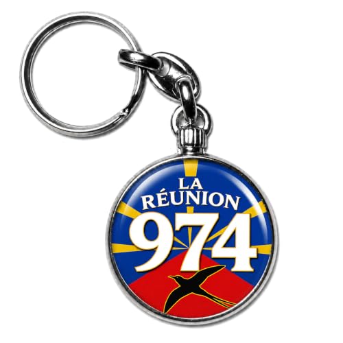 BADGMANIA Porte-clés Métal Réunion 974 – Département Océan Indien Drapeau – Cadeau Fier Péi DOM – Porte-clés Souvenir Réunionnais – Logo 33 mm 2 Faces – Fabriqué en France
