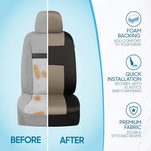 Image of BDK PolyPro Car Seat Covers Full Set in Light Beige on Black, Front and Rear Split Bench Seat Covers for Cars, Easy to Install Car Seats Cover Set and Accessories for Auto Trucks Van SUV - Light Beige