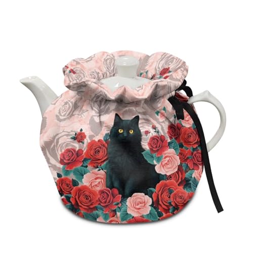 Image of Cat Rose Print Tea Cozy Insulation Kitchen Accessory Tea Cozies Covers Kitchen Home Decorative Teapot Cozy for Keeping Warm Kettle Dust Cover, Pink