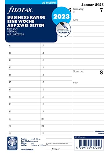 Preisvergleich Produktbild Filofax Kalender Einlage A5 Multifit: Eine Woche auf zwei Seiten 2023 deutsch vertikal mit Uhrzeiten