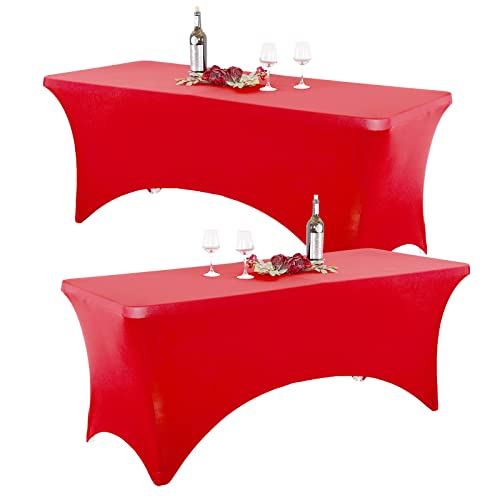 2PCS Nappe de Table Extensible Rouge [6 Pieds, 183 cm], Couverture de Table Élastique en Spandex Nappe résistante aux déchirures et aux Plis pour fête,Anniversaire,Mariage,Banquet,Table de Massage