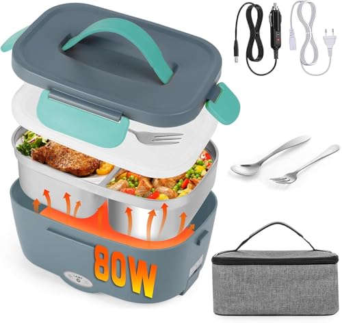 Carastek 80W Fiambrera Eléctrica 3 en 1 Calentador de Comida Portatil 12V 24V 220V para Coche Camión y Trabajo Fiambrera Termica Termo Comida Caliente Acero Inoxidable 1.5L Tartera Eléctrica Portatil