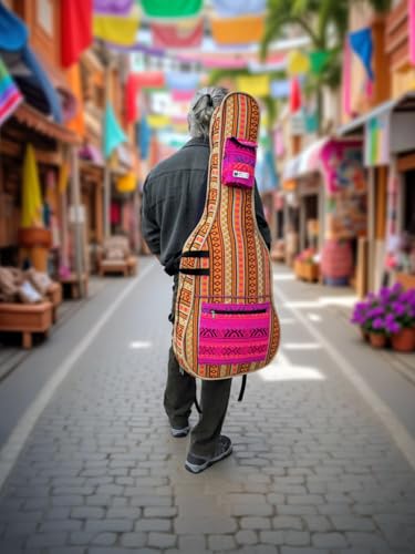 Image of The House of tara Ethnic Handloom Fabric Acoustic Guitar Bag Cover for Men and Women | Modern Guitar Case |100% Cotton Lining | Adjustable Straps | Padded Protection | Zip Pockets | Multicolor
