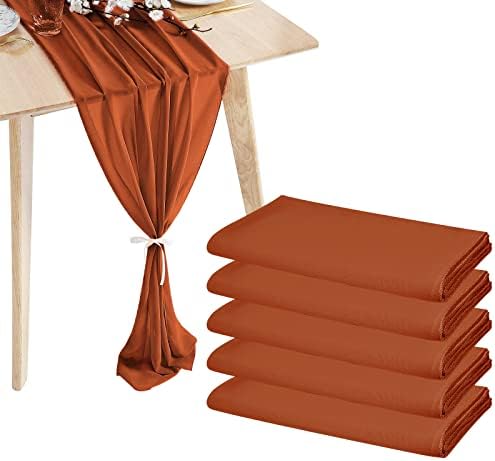 5 Pcs Chiffon Table Runner 10Ft -28x120 Inches Terracotta Sheer Chiffon Table Runner Chiffon Romantic Wedding Runner Overlays for Wedding Decor Birthday Party Bridal Baby Shower Table Decoration