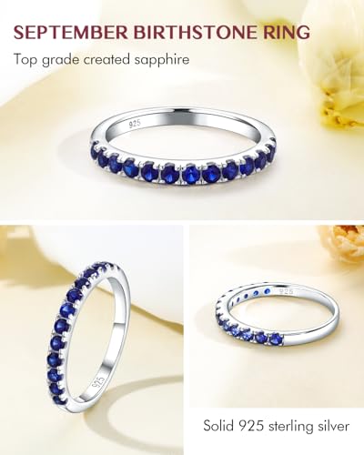 DAYBYDAY Birthstone Band Rings for Women, 925 Sterling Silver Moissanite/Sapphire/Emerald/Half Eternity Ring, 2.2mm Thin Stackable Wedding Band Anniversary Rings for Her4