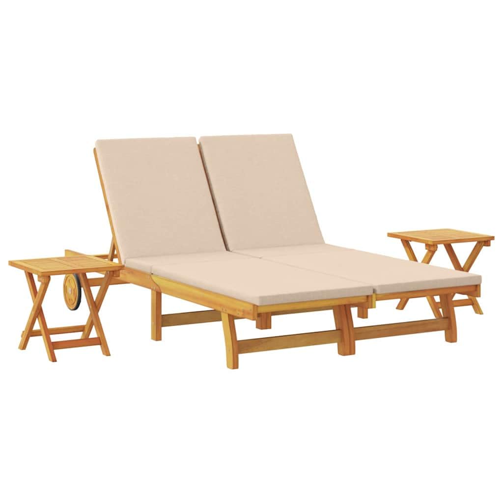 vidaXL Sun Lounger Reclining with Cushion Beige Solid Acacia Wood, Adjustable Outdoor Lounger, Modern Garden Deck Chair with Multi-Position Backrest, Durable Relaxing Sun Lounging Bed