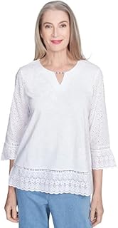 Flower Power Embroidered/Eyelet Trim Cotton/Polyester Top (US, Alpha, Large, Regular, Regular, Standard, White)